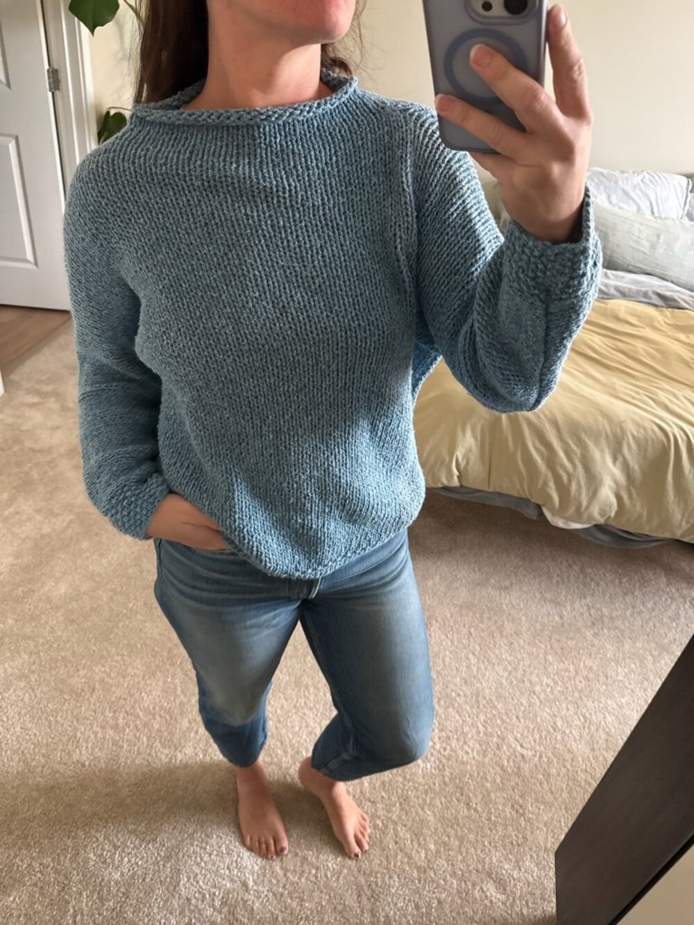 Vintage Hand Knit Dusty Blue Rolled Neck Sweater Medium